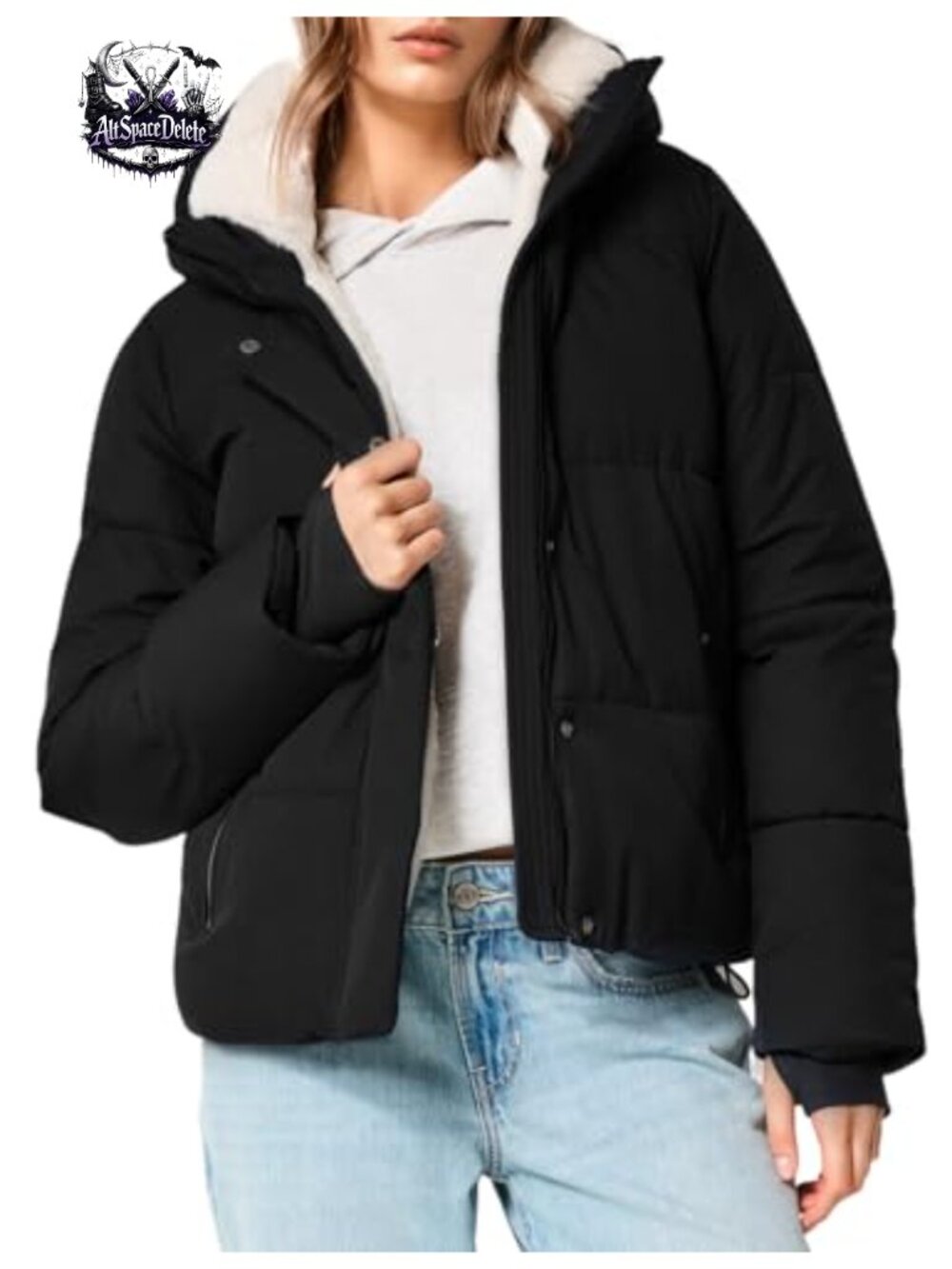 Womens Cropped Puffer Jacket Faux Fur Lined Quilted Hooded